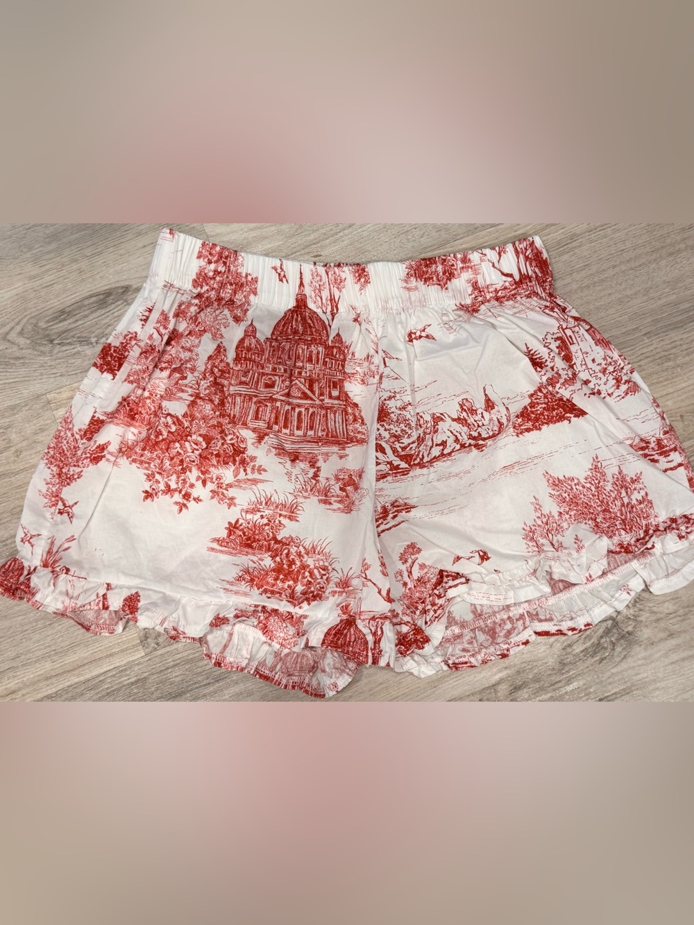 Violet & Brooks Red Toile Cotton Pajama Shorts With Ruffled Hem Size Small